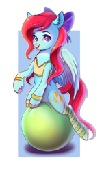 Size: 1513x2489 | Tagged: safe, artist:ghst-qn, derpibooru import, oc, oc only, oc:cara swiftwing, pegasus, pony, clothes, exercise ball, female, hair bow, mare, smiling, socks, solo, straddling, striped socks, sweatband, tanktop, wings, workout