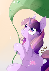 Size: 786x1138 | Tagged: safe, artist:tohupo, derpibooru import, twilight sparkle, twilight sparkle (alicorn), alicorn, pony, female, hoof hold, leaf, leaf umbrella, looking up, mare, sitting, solo