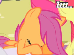 Size: 512x380 | Tagged: safe, derpibooru import, edit, edited screencap, screencap, apple bloom, scootaloo, cute, cutealoo, sleeping, solo focus, zzz