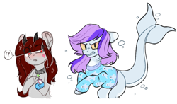 Size: 1531x900 | Tagged: safe, artist:trickate, oc, oc only, original species, pony, shark pony, clothes, duo, fangs, female, gritted teeth, horn, looking at you, mare, simple background, sweater, transparent background