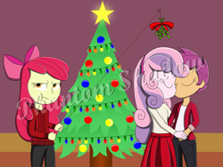 Size: 1280x960 | Tagged: safe, artist:phantomshadow051, apple bloom, scootaloo, sweetie belle, equestria girls, christmas, clothes, female, kissing, lesbian, mistletoe, obtrusive watermark, scootabelle, shipping, skirt, unamused, watermark