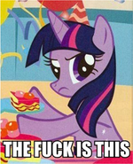 Size: 150x185 | Tagged: safe, derpibooru import, edit, twilight sparkle, pony, angry, cake, female, food, frown, hat, image macro, looking at you, mare, meme, party hat, picture for breezies, reaction image, solo, vulgar, wtf