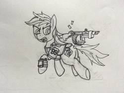 Size: 4032x3024 | Tagged: safe, artist:1438, derpibooru import, oc, oc only, oc:blackjack, pony, unicorn, fallout equestria, fallout equestria: project horizons, combat shotgun, fanfic art, female, mare, simple background, solo, traditional art, wip