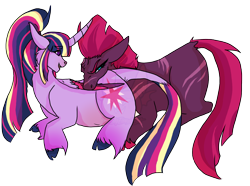 Size: 2192x1635 | Tagged: safe, artist:thebigearredbat, derpibooru import, fizzlepop berrytwist, tempest shadow, twilight sparkle, twilight sparkle (alicorn), alicorn, classical unicorn, unicorn, my little pony: the movie, broken horn, cloven hooves, female, leonine tail, lesbian, shipping, simple background, tempestlight, transparent background, unshorn fetlocks