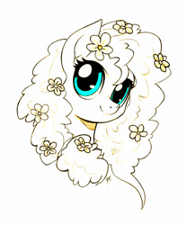 Size: 900x1080 | Tagged: safe, artist:zetamad, derpibooru import, pear butter, earth pony, pony, bust, colored eyes, female, flower, flower in hair, looking at you, mare, portrait, smiling, solo, stray strand, three quarter view