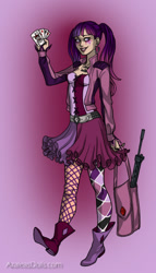 Size: 400x700 | Tagged: safe, artist:thestrangegirl091200, derpibooru import, twilight sparkle, human, alternate hairstyle, bag, batman, boots, crossover, dc comics, face paint, female, gun, harley quinn, humanized, pigtails, playing card, rifle, shoes, solo, tara strong, twiley quinn, voice actor joke, weapon