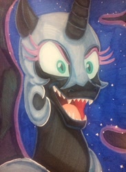 Size: 2261x3082 | Tagged: safe, artist:sasuke419, nightmare moon, pony, open mouth, sharp teeth, solo, teeth, traditional art