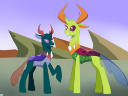 Size: 1024x768 | Tagged: safe, artist:kaizo111, derpibooru import, pharynx, thorax, changedling, changeling, brothers, changedling brothers, height difference, king thorax, male, prince pharynx