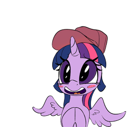 Size: 1000x1000 | Tagged: safe, artist:coinpo, edit, twilight sparkle, twilight sparkle (alicorn), alicorn, pony, blush sticker, blushing, cute, hat, open mouth, simple background, smiling, solo, spread wings, transparent background, twiabetes