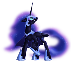 Size: 2310x1964 | Tagged: safe, artist:kyodashiro, derpibooru import, nightmare moon, alicorn, female, looking up, mare, simple background, solo, transparent background