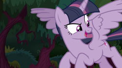 Size: 1280x720 | Tagged: safe, derpibooru import, screencap, mean twilight sparkle, alicorn, the mean 6, clone, everfree forest, open mouth, raised eyebrow, scheming, solo, wings