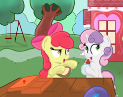 Size: 1633x1280 | Tagged: safe, artist:zalakir, derpibooru import, apple bloom, sweetie belle, earth pony, pony, unicorn, baby bottle, bag, bow, cute, duo, female, food, hair bow, mare, open mouth, sandwich, school, swing, table, tree