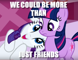 Size: 991x773 | Tagged: safe, derpibooru import, edit, edited screencap, screencap, rarity, twilight sparkle, pony, unicorn, the ticket master, cropped, flirting, image macro, implied lesbian, implied rarilight, implied shipping, meme, nuzzling