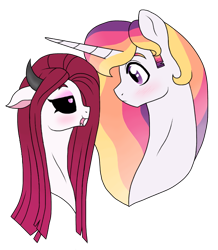 Size: 640x733 | Tagged: safe, artist:unoriginai, derpibooru import, oc, oc:prince dawn, oc:princess nebula, unicorn, blushing, brother and sister, bust, female, half-siblings, horns, interdimensional siblings, interspecies offspring, kitchen eyes, licking, licking lips, magical lesbian spawn, male, offspring, parent:lord tirek, parent:princess celestia, parent:twilight sparkle, parents:celestirek, parents:twilestia, siblings, simple background, stallion, tongue out, transparent background