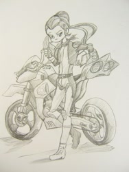 Size: 913x1216 | Tagged: safe, artist:dadss_rootbeer, derpibooru import, sugarcoat, equestria girls, friendship games, grayscale, monochrome, motorcycle, solo, traditional art