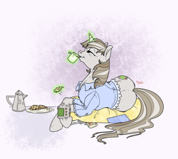 Size: 2000x1789 | Tagged: safe, artist:sourcherry, derpibooru import, oc, oc only, oc:littlepip, pony, unicorn, fallout equestria, abstract background, calm, clothes, coffee, coffee mug, coffee pot, cookie, cutie mark, drinking, eyes closed, fanfic, fanfic art, female, food, glowing horn, hooves, horn, laying on pillows, levitation, lying down, magic, mare, mug, older, on side, pipbuck, pipleg, plate, solo, telekinesis