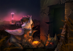 Size: 1500x1039 | Tagged: safe, artist:limreiart, derpibooru import, oc, oc only, oc:silver whistle, pegasus, pony, fallout equestria, city, clothes, grass, helmet, male, ncr, ncr ranger, pipbuck, solo