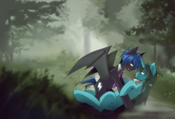 Size: 1400x950 | Tagged: safe, artist:skyeypony, oc, oc only, bat pony, pony, unicorn, duo, forest, gay, grass, looking at each other, male, necktie, open mouth, scenery, smiling, stallion, tree