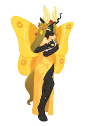 Size: 850x1212 | Tagged: safe, artist:carnifex, derpibooru import, oc, oc only, oc:deciduous, anthro, changeling, changeling queen, moth, mothling, original species, unguligrade anthro, antennae, changeling queen oc, female, grub, species swap, yellow changeling