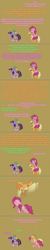 Size: 504x2510 | Tagged: safe, artist:verve, derpibooru import, applejack, pinkie pie, spike, twilight sparkle, twilight sparkle (alicorn), alicorn, dragon, earth pony, pony, pinkie apple pie, ask genie twilight, backflip, comic, dizzy, dragons riding ponies, genie, pixel art, ponies riding ponies, riding, swirly eyes