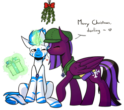 Size: 1000x893 | Tagged: safe, artist:ak4neh, derpibooru import, oc, oc only, oc:elia storm, oc:silver ring, pegasus, pony, zebra, zebracorn, couple, female, glowing horn, magic, male, mistletoe, oc x oc, shipping, simple background, straight, telekinesis, transparent background