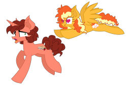 Size: 2158x1486 | Tagged: safe, artist:kaatseye, derpibooru import, oc, oc:strawberry marscapone sandwich, oc:sunset sky, pegasus, pony, unicorn, brother and sister, duo, female, flying, half-siblings, heart eyes, interdimensional siblings, male, mare, offspring, parent:cheese sandwich, parent:pinkie pie, parent:rainbow dash, parents:cheesedash, parents:cheesepie, siblings, simple background, stallion, transparent background, wingding eyes