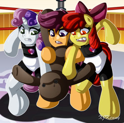 Size: 800x794 | Tagged: safe, artist:xjkenny, derpibooru import, apple bloom, scootaloo, sweetie belle, anthro, semi-anthro, unguligrade anthro, arm hooves, clothes, cutie mark crusaders, dummy, open mouth, sports, wrestling, wwe