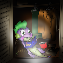 Size: 2000x2000 | Tagged: safe, artist:jesterpi, derpibooru import, spike, dragon, blushing, book, box, chips, closet, clothes, coat, dark, doodle, embarrassed, food, knot, lying down, spotlight