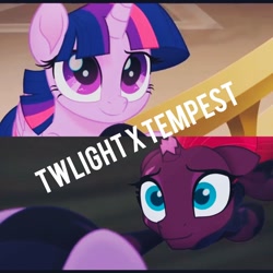 Size: 2490x2490 | Tagged: safe, artist:nightdj, derpibooru import, edit, edited screencap, screencap, tempest shadow, twilight sparkle, twilight sparkle (alicorn), alicorn, pony, unicorn, my little pony: the movie, broken horn, cute, eye scar, female, heartwarming, lesbian, looking up, redeemers, redemption, scar, shipping, tempestbetes, tempestlight, tempestsass, twiabetes, twisass sparkle, warriors