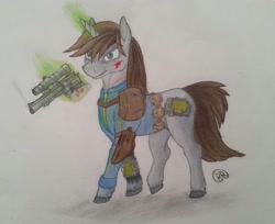 Size: 2474x2021 | Tagged: safe, artist:blastradiuss, oc, oc only, oc:littlepip, pony, unicorn, fallout equestria, blood, fallout, fanfic, fanfic art, female, glowing horn, gun, handgun, little macintosh, magic, mare, pipbuck, revolver, simple background, solo, telekinesis, traditional art, vault suit, weapon