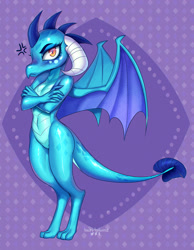 Size: 992x1280 | Tagged: safe, artist:tawni-tailwind, derpibooru import, princess ember, dragon, angry, baka, belly button, blushing, crossed arms, dragoness, female, looking at you, pouting, solo, spread wings, standing, tsundember, tsundere, wings