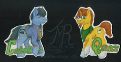 Size: 1000x515 | Tagged: safe, artist:bluebirdsolstice, oc, oc only, oc:cobalt, oc:quince, earth pony, pony, unicorn, fallout equestria, badge, cutie mark, facial hair, fallout, glasses, goatee, neckerchief, not sunburst, pipbuck, traditional art, vault suit