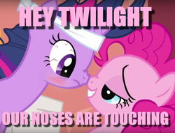 Size: 856x654 | Tagged: safe, derpibooru import, edit, edited screencap, screencap, pinkie pie, twilight sparkle, earth pony, pony, it's about time, blushing, boop, image macro, lidded eyes, meme, noseboop, pink text