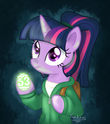 Size: 1280x1440 | Tagged: safe, artist:tina-de-love, twilight sparkle, 53, backpack, clothes, hoodie, infinity train, parody, solo