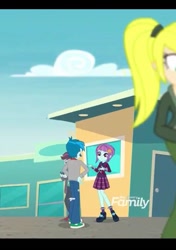 Size: 535x761 | Tagged: safe, derpibooru import, screencap, sunny flare, thunderbass, track starr, better together, equestria girls, rollercoaster of friendship, background human, clothes, cropped, crystal prep academy uniform, discovery family logo, school uniform