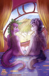 Size: 3300x5100 | Tagged: safe, artist:blindcoyote, rumble, spike, anthro, dragon, pegasus, absurd resolution, bed, cute, explicit source, gay, looking at each other, male, older, romance, rumblespike, saddle up 2: creature comforts, shipping, stallion