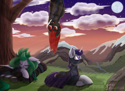 Size: 3000x2200 | Tagged: safe, artist:moonlightstrange, derpibooru import, oc, oc only, oc:blood rain, oc:glitter dewdrop, oc:warp eyes, bat pony, pony, unicorn, female, high res, mare, prone