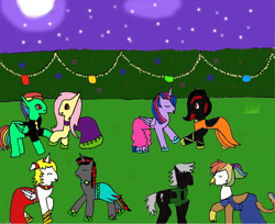 Size: 1362x1111 | Tagged: safe, artist:ask-luciavampire, derpibooru import, fluttershy, twilight sparkle, twilight sparkle (alicorn), oc, alicorn, bat pony, griffon, pegasus, pony, unicorn, vampire, vampony, ask, dancing, flutterbat, prom, race swap, tumblr, tumblr:ask-luciavampire