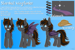 Size: 1500x1000 | Tagged: safe, artist:laydeekaze, oc, oc only, oc:stardust wayfinder, bat pony, pony, cutie mark, hat, male, reference sheet