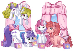 Size: 1024x724 | Tagged: safe, artist:ellesdoodlebox, baby cotton candy, baby glory, baby moondancer, baby surprise, pony, escape from catrina, g1, g4, g1 to g4