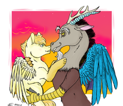 Size: 712x612 | Tagged: safe, discord, oc, oc:exist, hippogriff, canon x oc, feather, fluffy, gay, male, paws, wings