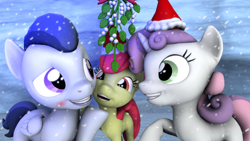 Size: 3840x2160 | Tagged: safe, artist:viranimation, apple bloom, rumble, sweetie belle, 3d, blushing, male, mistletoe, rumbelle, shipping, snow, source filmmaker, straight, winter