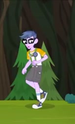 Size: 249x408 | Tagged: safe, screencap, microchips, equestria girls, legend of everfree, camp everfree outfits, clothes, converse, glasses, looking down, shoes, shorts, sneakers, socks, solo