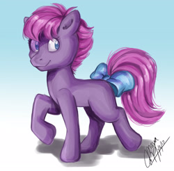 Size: 2592x2550 | Tagged: safe, artist:mayahen, ember (g1), pony, g1, bow, foal, one hoof raised, solo, tail bow, walking