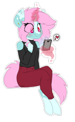 Size: 1102x1792 | Tagged: safe, artist:spoopygander, derpibooru import, oc, oc only, oc:scoops, anthro, unguligrade anthro, unicorn, anthro oc, blushing, clothes, coat markings, cute, ear piercing, female, heart, jeans, levitation, lineart, looking down, magic, mare, off shoulder, off shoulder sweater, outline, pants, phone, piercing, playing with hair, simple background, sitting, solo, sticker, sweater, telekinesis, transparent, transparent background, white outline