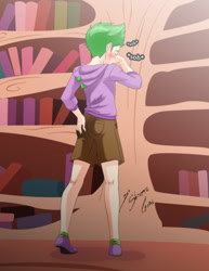 Size: 1024x1325 | Tagged: safe, artist:shinta-girl, derpibooru import, spike, human, abuse, clothes, corner, crying, golden oaks library, grounded, human spike, humanized, implied spanking, sobbing, solo, spikeabuse