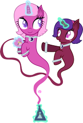 Size: 6246x9267 | Tagged: safe, artist:illumnious, oc, oc only, oc:aura midnight, oc:flares midnight, genie pony, pony, unicorn, absurd resolution, cute, duo, duo female, female, genie, glowing horn, magic, mare, simple background, smiling, transparent background, twins, vector