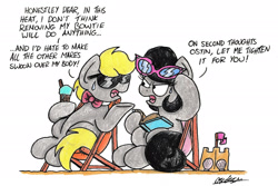 Size: 2258x1506 | Tagged: safe, artist:bobthedalek, derpibooru import, oc, oc:mixed melody, oc:octavia's father, oc:octavia's mother, oc:ostinato melody, earth pony, pony, beach, book, deck chair, food, ice cream, sandcastle, sunglasses, this will end in pain, traditional art