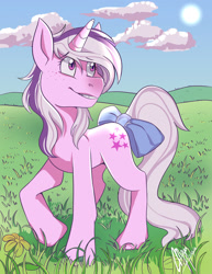 Size: 1024x1325 | Tagged: safe, artist:mayahen, derpibooru import, twilight, pony, unicorn, g1, bow, female, freckles, happy, mare, meadow, outdoors, redraw, solo, tail bow