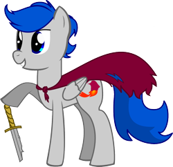 Size: 1150x1113 | Tagged: safe, artist:derjuin, derpibooru import, oc, oc only, oc:silver lining, pegasus, pony, broken sword, cape, clothes, colt, male, open mouth, simple background, solo, sword, transparent background, vector, weapon